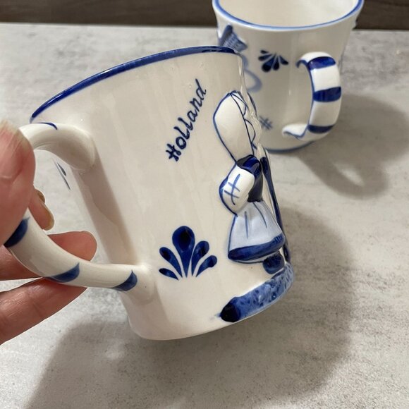 Vintage Blue Delft Deco Hand Painted Raised Relief Children Windmill Mugs Set/2 - Picture 9 of 10